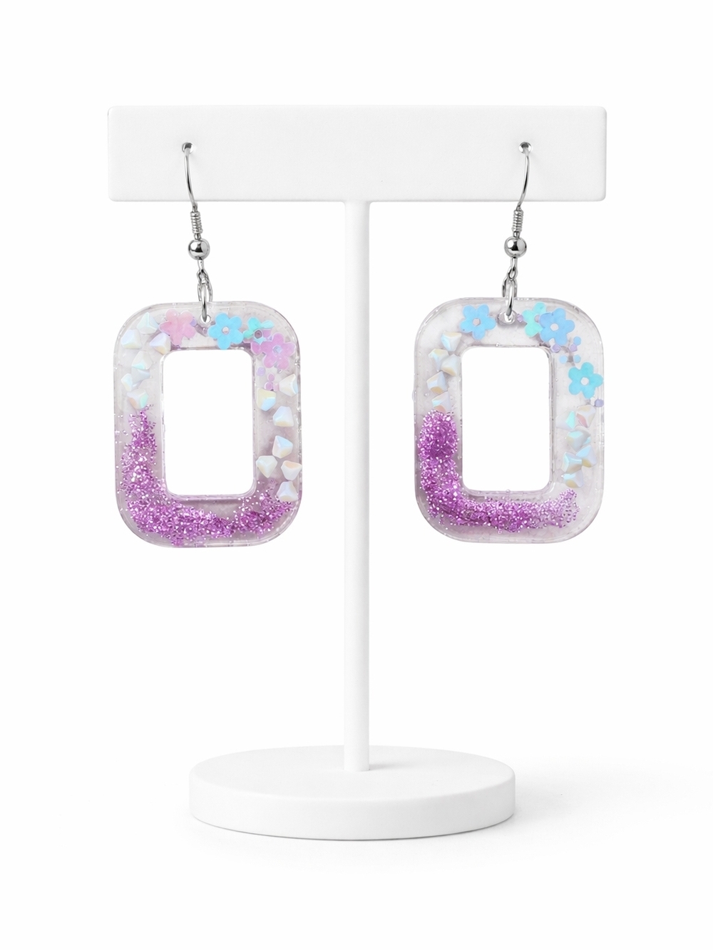 Purple Glitter Rectangle Drop Earrings - Women Jewelry